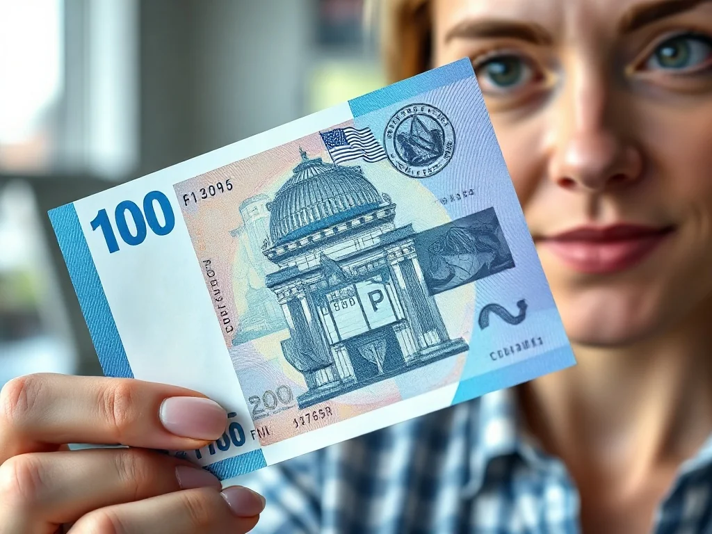 Zbliżenie na nowoczesny banknot polimerowy z widocznymi elementami holograficznymi i przezroczystym okienkiem.