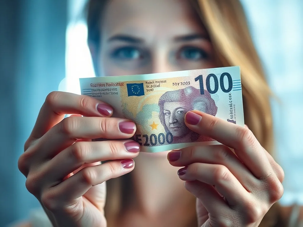 Dłonie trzymające banknot pod światło w celu sprawdzenia znaku wodnego i zabezpieczeń holograficznych.