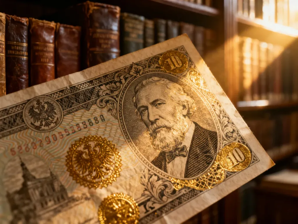 Zbliżenie na detale zabytkowego banknotu z misternymi giloszami i znakami wodnymi na tle starych ksiąg w bibliotece.