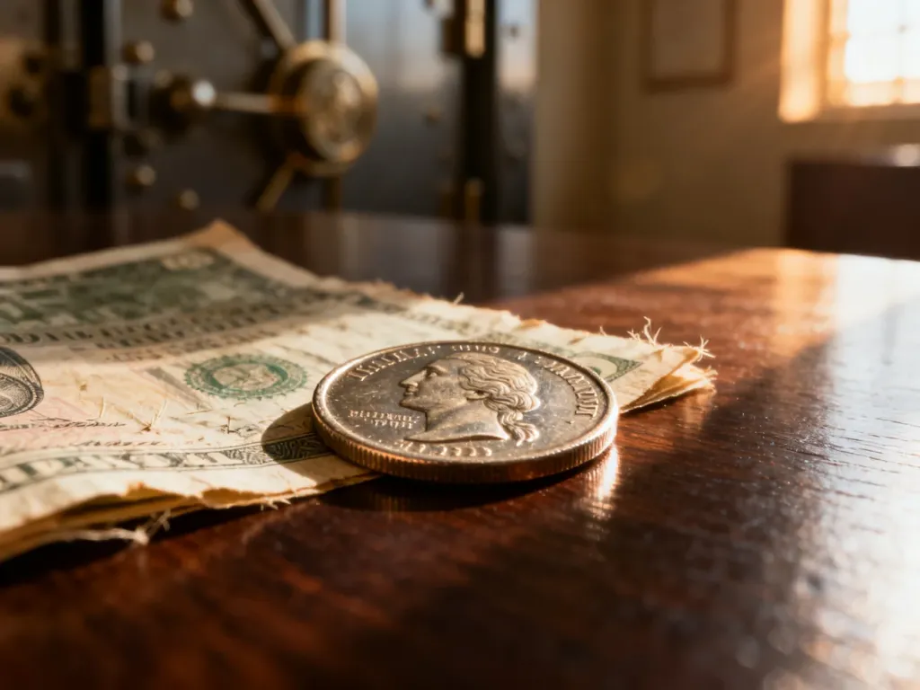 Lśniąca metalowa moneta obok lekko zużytego banknotu na drewnianym stole, ilustrująca porównanie trwałości obu form pieniądza.