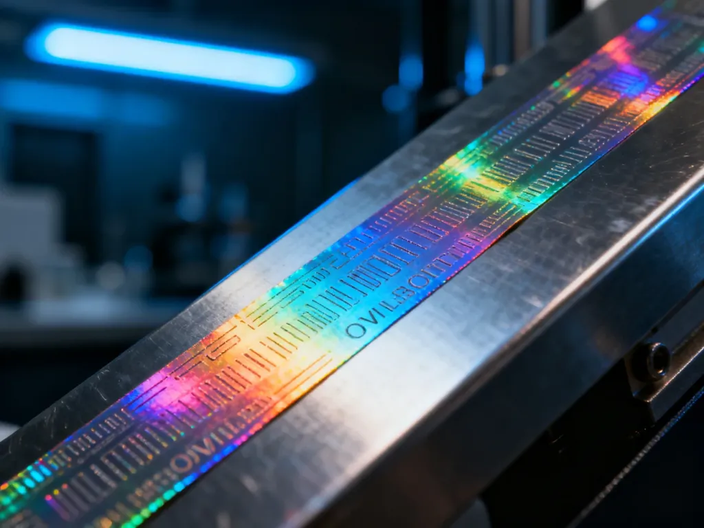 Zbliżenie na powierzchnię z farbą zmienną optycznie i hologramem, prezentujące zaawansowane zabezpieczenia przed podróbkami.
