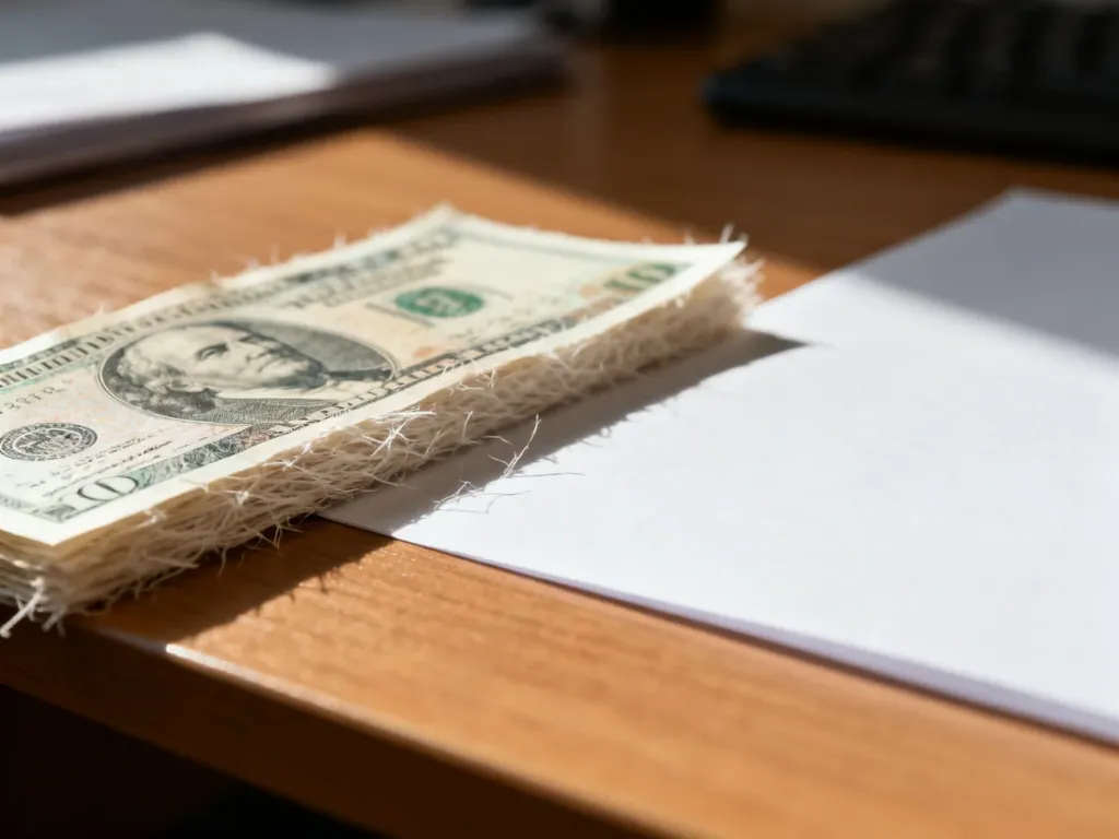 Zbliżenie na różnice w fakturze między szorstkim papierem banknotowym z włókien bawełny a gładkim papierem biurowym.