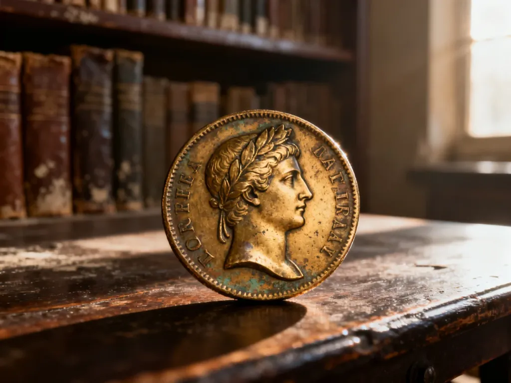 Złota moneta z profilem władcy leżąca na drewnianym stole, podkreślająca historyczne znaczenie numizmatyki.