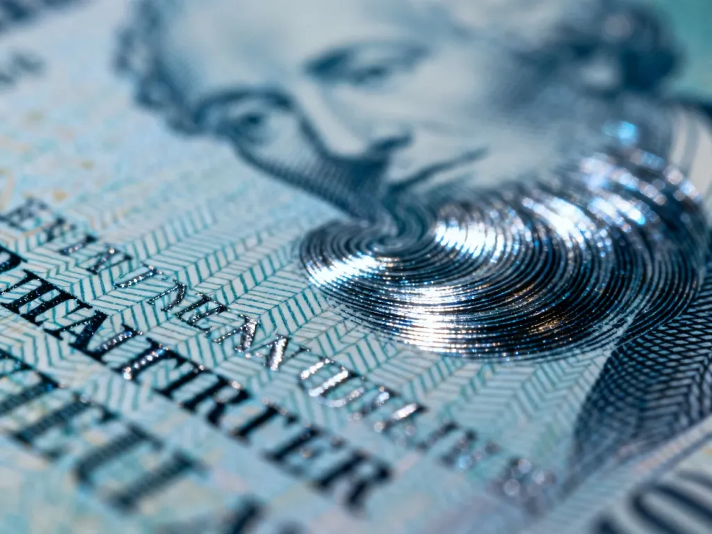 Zbliżenie na powierzchnię banknotu z widocznymi mikrodrukiem oraz precyzyjnymi liniami giloszowymi, służącymi zabezpieczeniu.