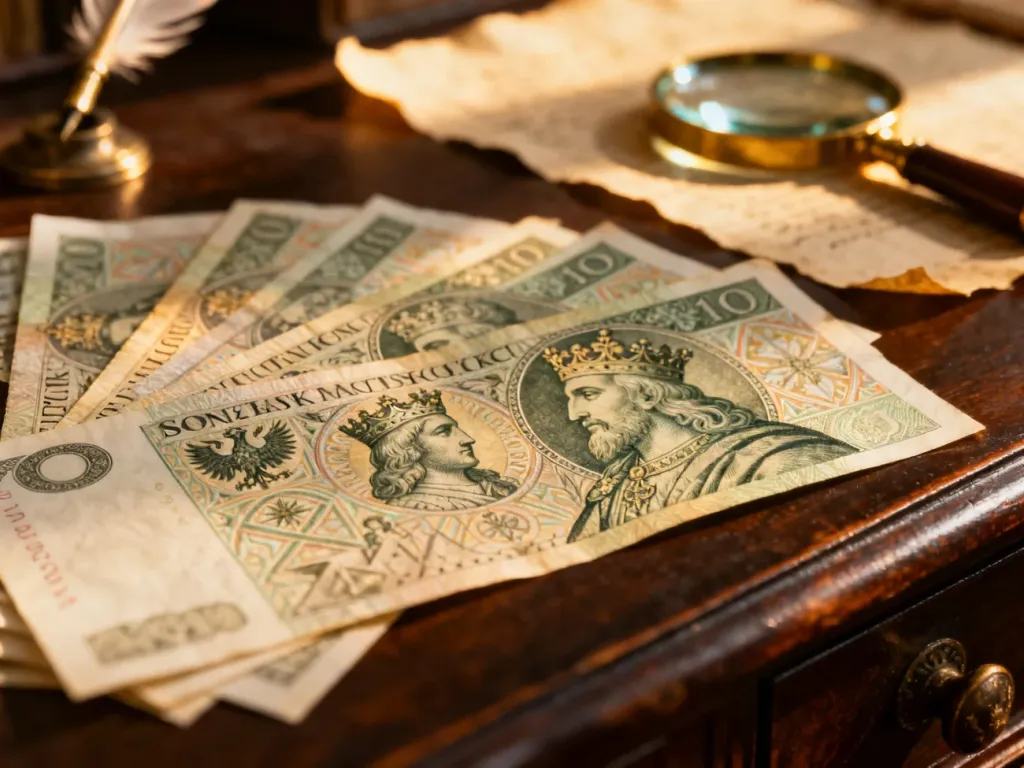 Historyczne polskie banknoty z wizerunkami królów leżące na drewnianym biurku w otoczeniu pióra i lupy.