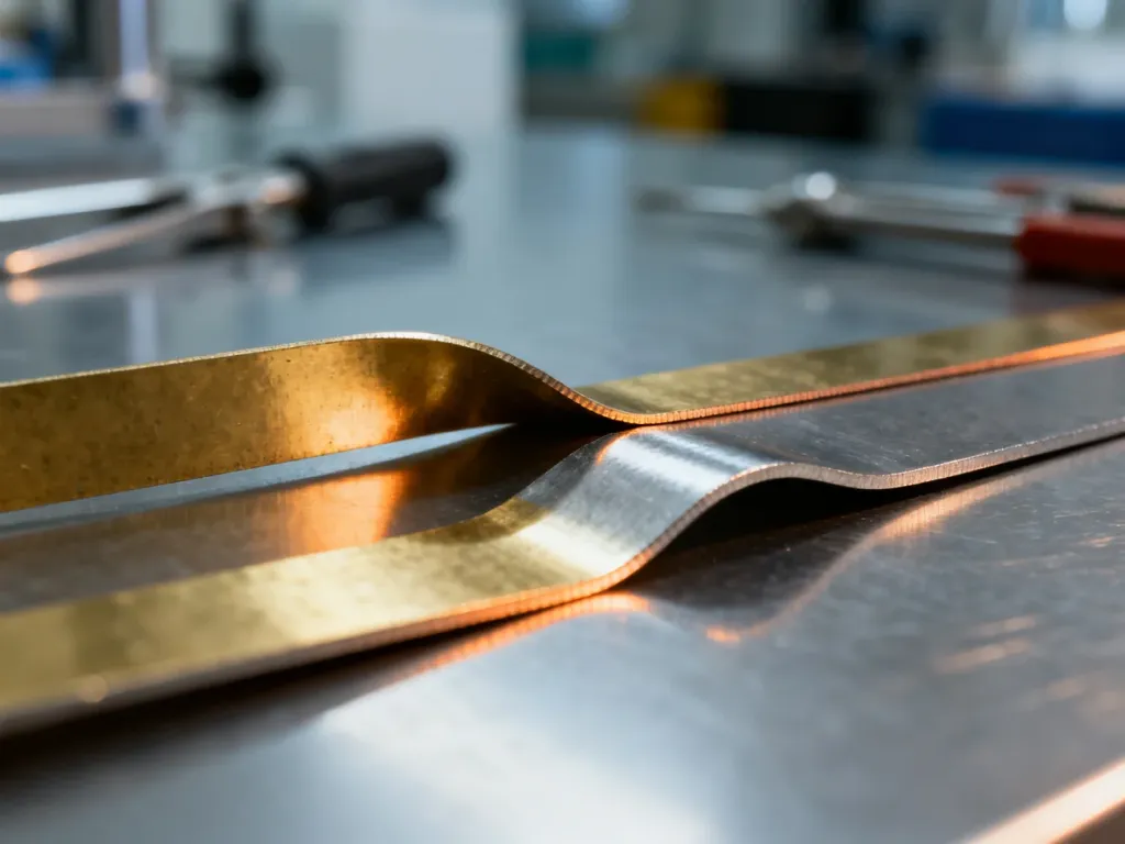 Wygięty pasek bimetaliczny złożony z warstw mosiądzu i stali, obrazujący zjawisko rozszerzalności cieplnej metali.