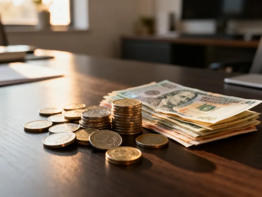 Różnorodne monety i banknoty uporządkowane na drewnianym biurku, ilustrujące fizyczne formy pieniądza w gospodarce.