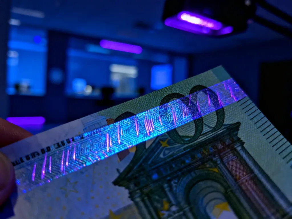 Zbliżenie na zabezpieczenia banknotu euro w świetle UV, ukazujące świecące włókna oraz hologram w celu weryfikacji autentyczności.