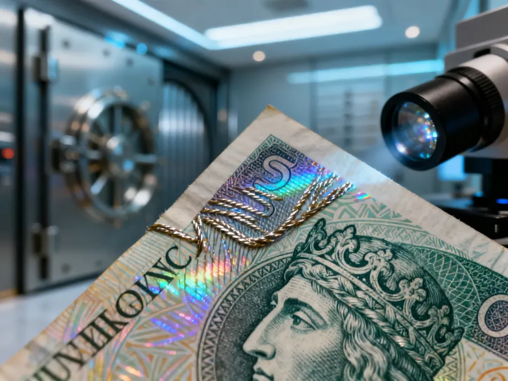 Zbliżenie na detale polskiego banknotu, ukazujące mikrodruk, nitkę zabezpieczającą oraz hologram w wysokiej rozdzielczości.