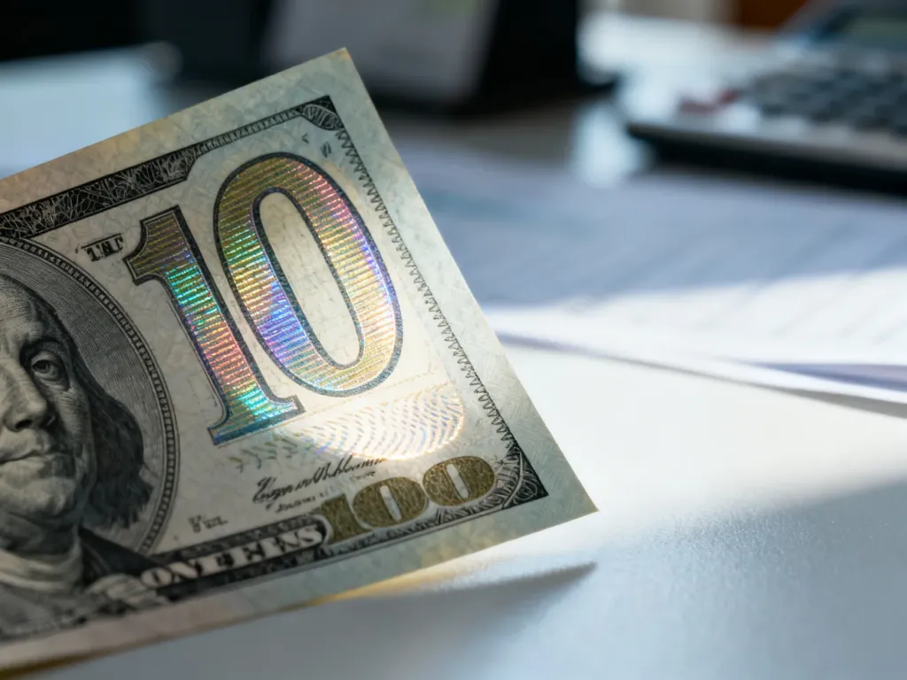 Zbliżenie na detale autentycznego banknotu studolarowego, ukazujące włókna zabezpieczające oraz zmienną kolorystykę cyfr.