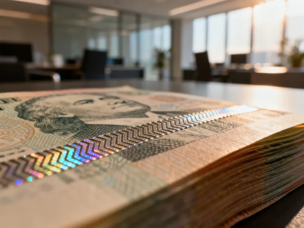 Zbliżenie na metaliczną nitkę zabezpieczającą w banknocie z widocznym mikrodrukiem i holograficznym połyskiem.