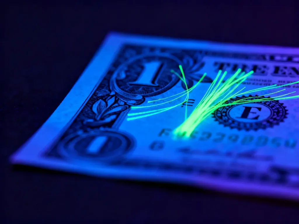 Banknot oświetlony światłem UV, ukazujący świecące zabezpieczenia i fluorescencyjne włókna w formie neonowych wzorów.