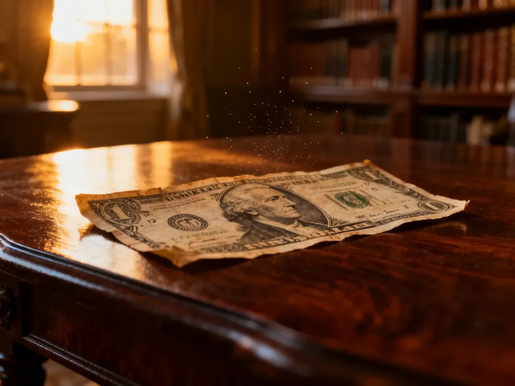 Zabytkowy banknot z wizerunkiem postaci historycznej leżący na drewnianym stole w klimatycznym wnętrzu biblioteki.